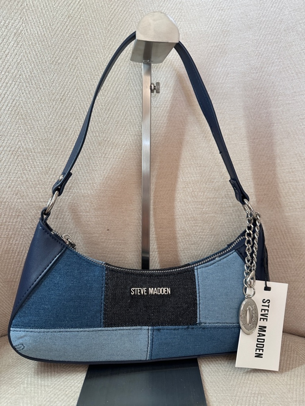 Steve Madden Patchwork Denim Shoulder Bag in Navy and Light Blue